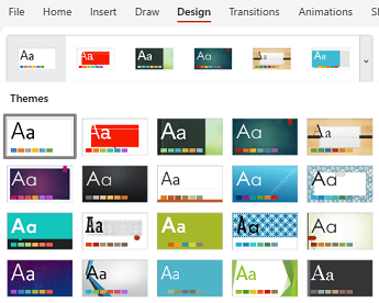 Programmā PowerPoint tīmeklī ir izvērsta izvēlne Dizaini.