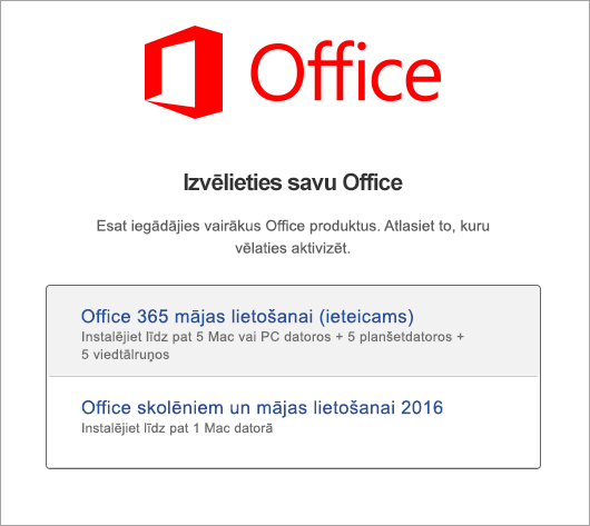 Izvēlieties Office 2016 darbam ar Mac licences veidu