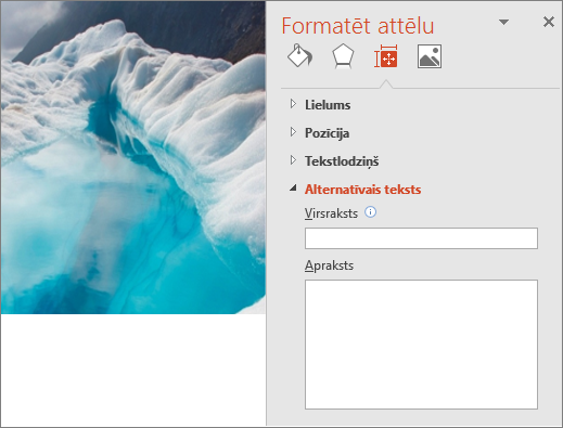 Vecs glaciālā ezera attēls ar attēla formatēšanas dialoglodziņu, kas laukā Apraksts nenorāda alternatīvo tekstu.
