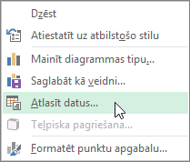 Noklikšķināšana uz datu atlases diagrammas izvēlnē, kas tiek parādīta, noklikšķinot ar peles labo pogu