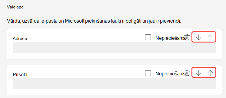 Ekrānuzņēmums, kurā parādīts, kā pārkārtot tīmekļa semināra reģistrācijas jautājumus.