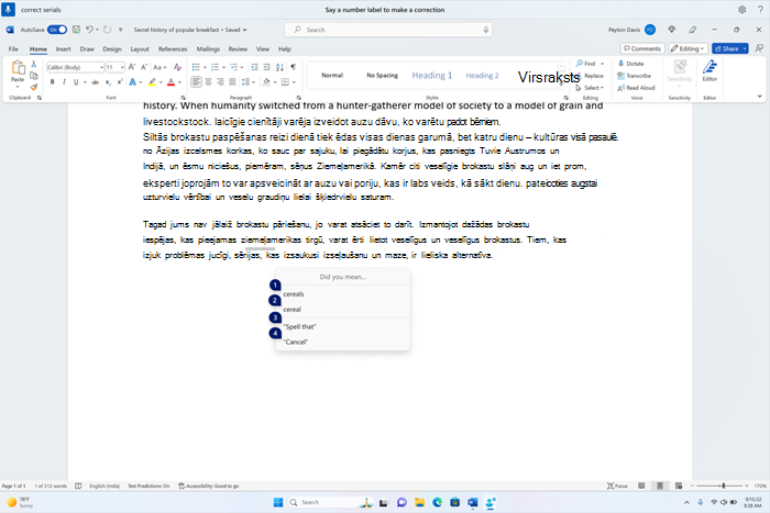 Word dokuments, kurā tiek rādīts korekcijas logs ar teksta "ākstlodziņiem".