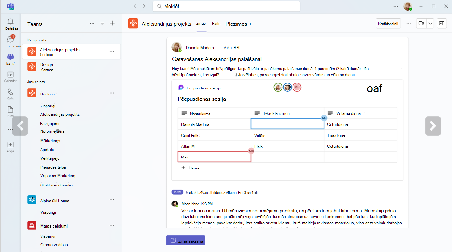 Ekrānuzņēmums, kurā Teams kanālos redzami Loop komponenti.