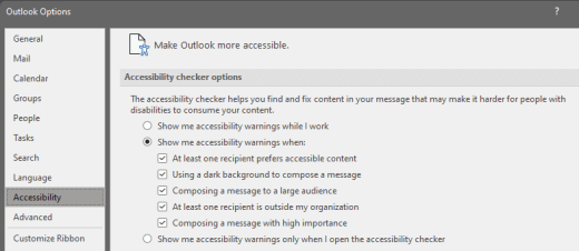 Opcija Pieejamības pārbaudītājs programmā Outlook darbam ar Windows.