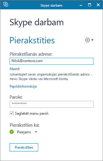 Ekrānuzņēmums ar Skype darbam pierakstīšanās ekrānu.