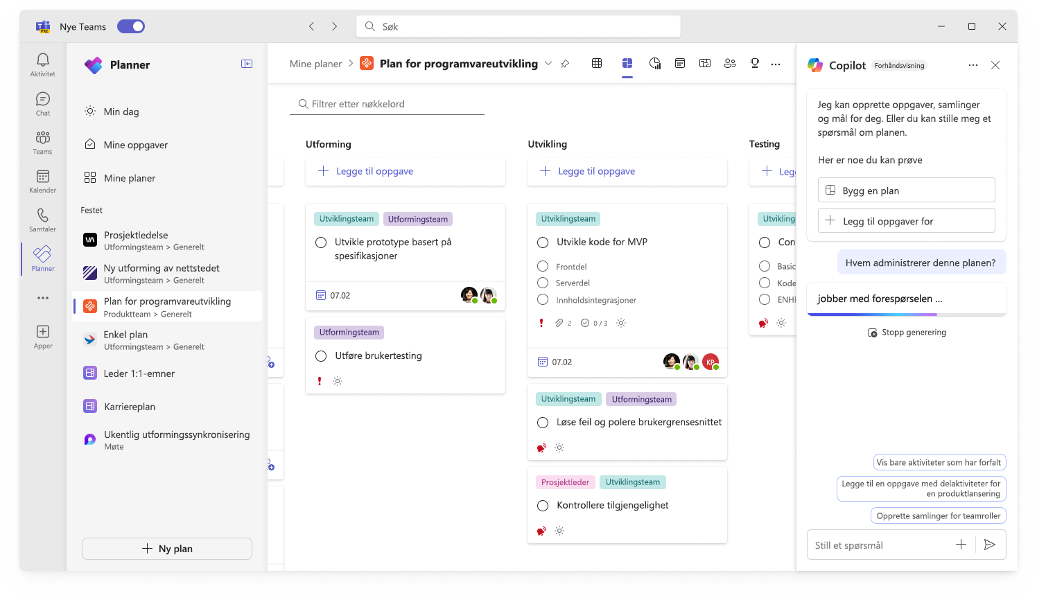 Skjermbilde som viser brukergrensesnittet for Copilot i Planner som sporer fremdrift.