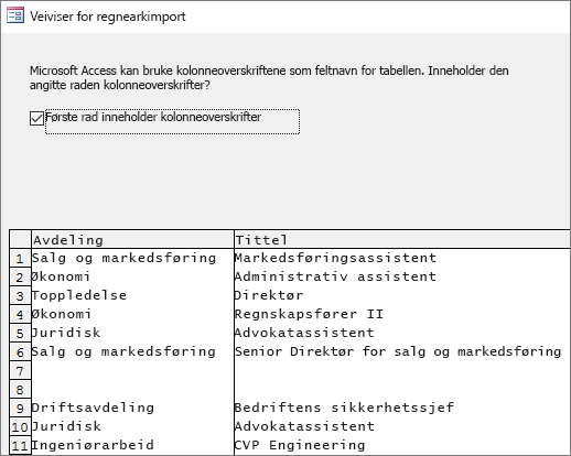 Importere data fra Excel