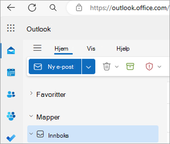 Skjermbilde som viser Outlook på hjemmesiden for nettet