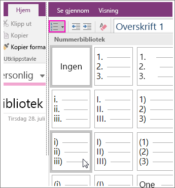 Skjermbilde av hvordan du legger til nummerering på en side i OneNote 2016.