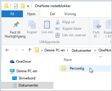 Skjermbilde av mappen Windows-dokumenter med mappen OneNote-notatblokk synlig.