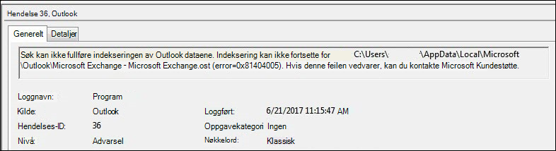 Advarsel om hendelseslogg i Outlook