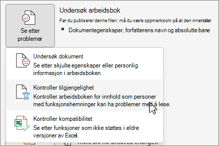 Menyelementet for å kontrollere for problemer og kontrollere tilgjengelighet