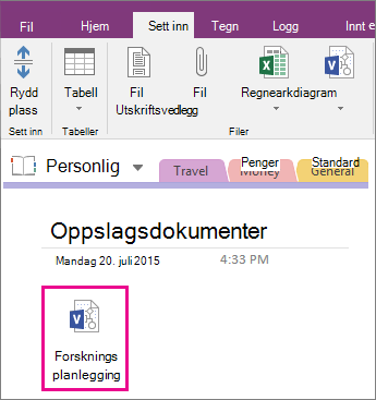 Skjermbilde av hvordan du legger ved en Visio-fil til en side i OneNote 2016.