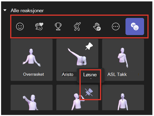 Brukergrensesnitt for reaksjoner og løsner i Avatar-appen