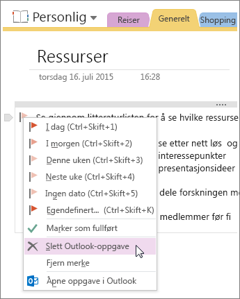 Skjermbilde av hvordan du sletter en Outlook-oppgave i OneNote 2016.