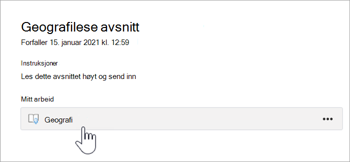 Skjermbilde av elevopplevelsen. tekst som sier «Geografiavsnitt som skal leses. Forfall 15. januar 2021 kl. 12:59. Instruksjoner: Les dette avsnittet høyt, og lever det inn, arbeidet mitt, en knapp med teksten Geografi.