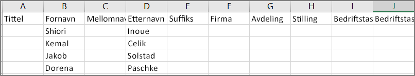 Et eksempel på hvordan en csv-fil ser ut etter at kontakter er eksportert fra Outlook