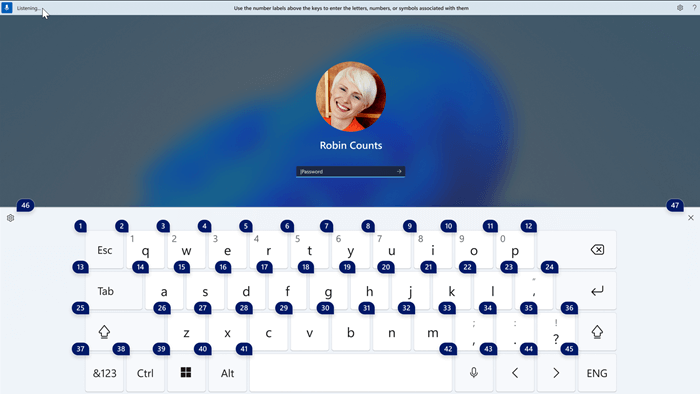 Berøringstastaturet med talletiketter på, for å bruke taletilgang til å skrive inn et passord.