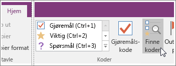 Skjermbilde av Finn merker-knappen i OneNote 2016