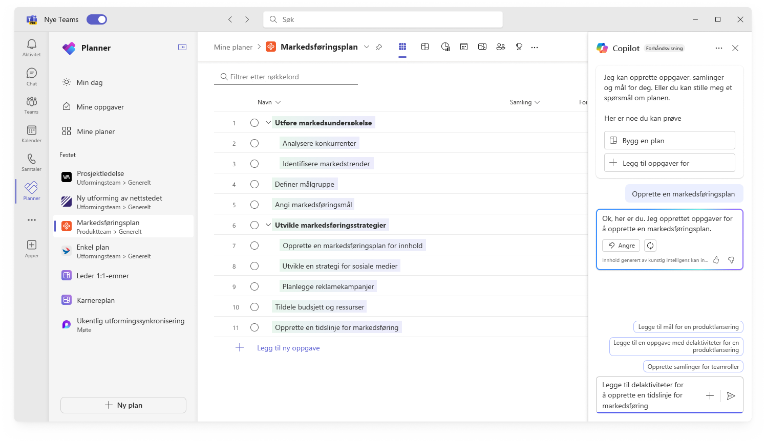 Skjermbilde som viser brukergrensesnittet for Copilot i Planner som oppretter en ny plan.