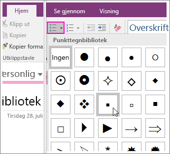 Skjermbilde av hvordan du legger til punktmerking på en side i OneNote 2016.