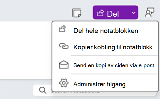 Del-menyen i OneNote med fire alternativer som brukeren kan velge mellom:
1. Dele hele notatblokken
2. Kopier kobling til notatblokk
3. Send en kopi av siden via e-post
4. Administrer tilgang...