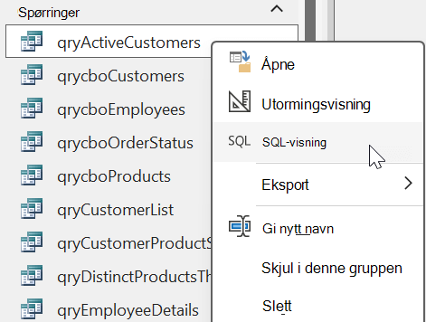 Hurtigmenyalternativer som vises fra et spørringsobjekt i en Access-database med alternativet SQL-visning valgt