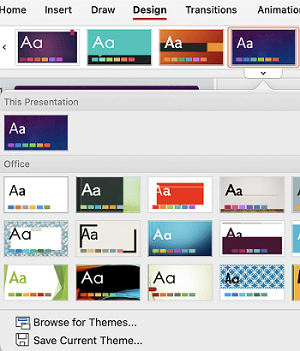 Temagalleriet for å velge et tilgjengelig oppsett i PowerPoint for Mac.