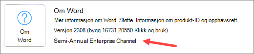 Halvårlig Enterprise-kanalindikasjon i Om Word-området i Produktinformasjon-delen.