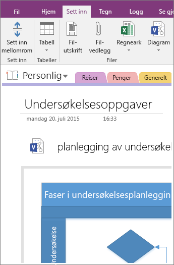 Skjermbilde av hvordan du legger til et eksisterende Visio-diagram i OneNote 2016.