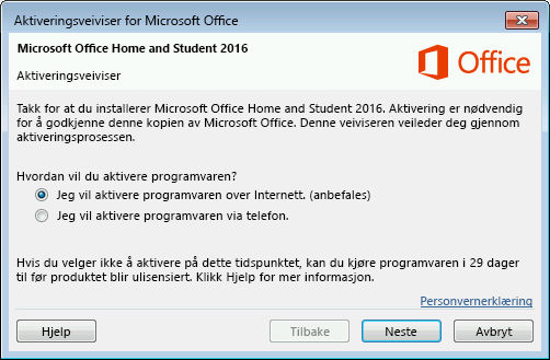 Viser aktiveringsveiviseren for Microsoft Office