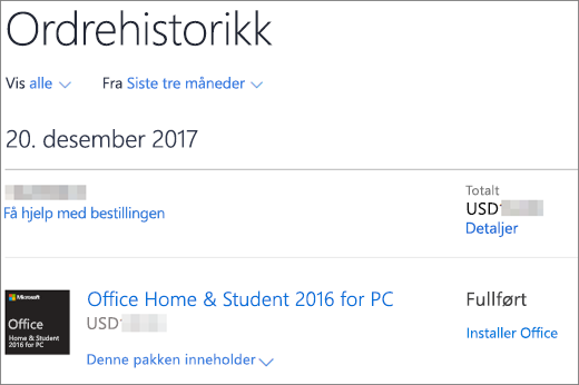 Viser siden Ordrehistorikk i Microsoft Store