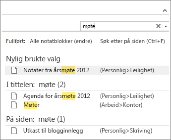 Bruk Søk til å søke etter notater hvor som helst i OneNote.