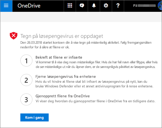 Skjermbilde av skjermen Fortegn på løsepengevirus oppdaget på OneDrive-nettstedet