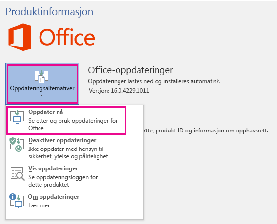 Manuelt søk etter Office-oppdateringer i Word 2016