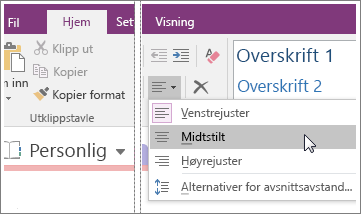 Skjermbilde av knappen Avsnittsjustering i OneNote 2016.