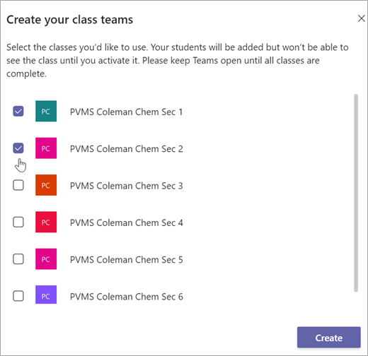 Maak het venster voor uw klassenteams. Schakel de selectievakjes in om klassen te kiezen.