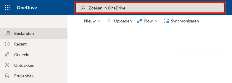 OneDrive voor bedrijven online met de zoekbalk bovenaan