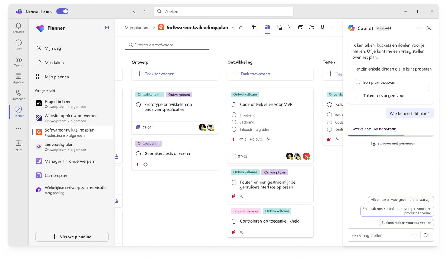 Schermopname van de gebruikersinterface voor Copilot in Planner-traceringsvoortgang.