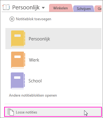 Schermafbeelding van het deelvenster Notitieblokken van OneNote 2016 met Snelle notities gemarkeerd