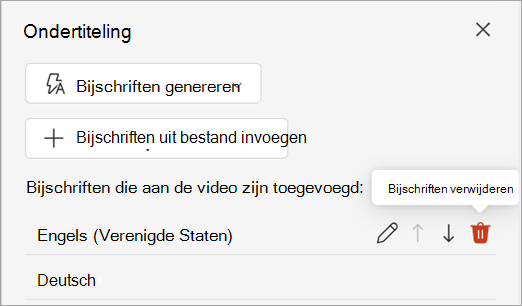 Knop Bijschriften verwijderen voor een bijschriftentrack in het deelvenster Bijschriften.