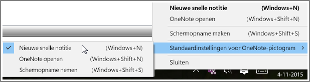 Schermafbeelding van het systeemvak met OneNote-opties.