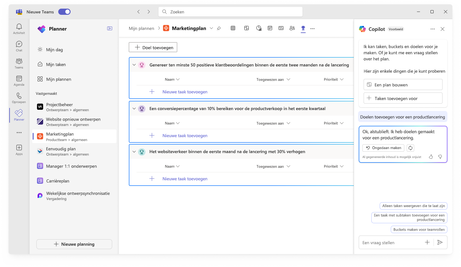 Schermopname van de gebruikersinterface voor Copilot in Planner voor het maken van doelen.