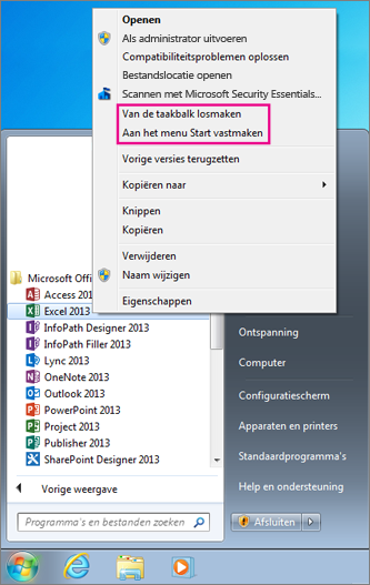 Office-app vastmaken aan menu Start of taakbalk in Windows 7