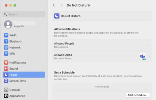 Microsoft Teams is geselecteerd als een toegestane app onder Focusinstellingen voor een Mac.