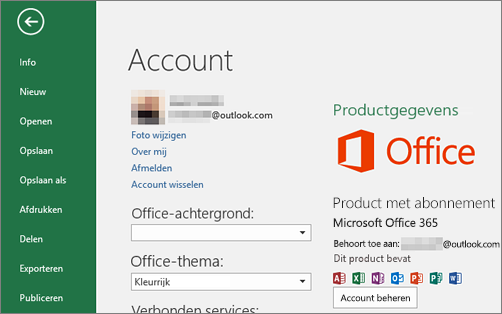 Het Microsoft-account dat is gekoppeld aan Office wordt weergegeven in het Account-venster van een Office-toepassing