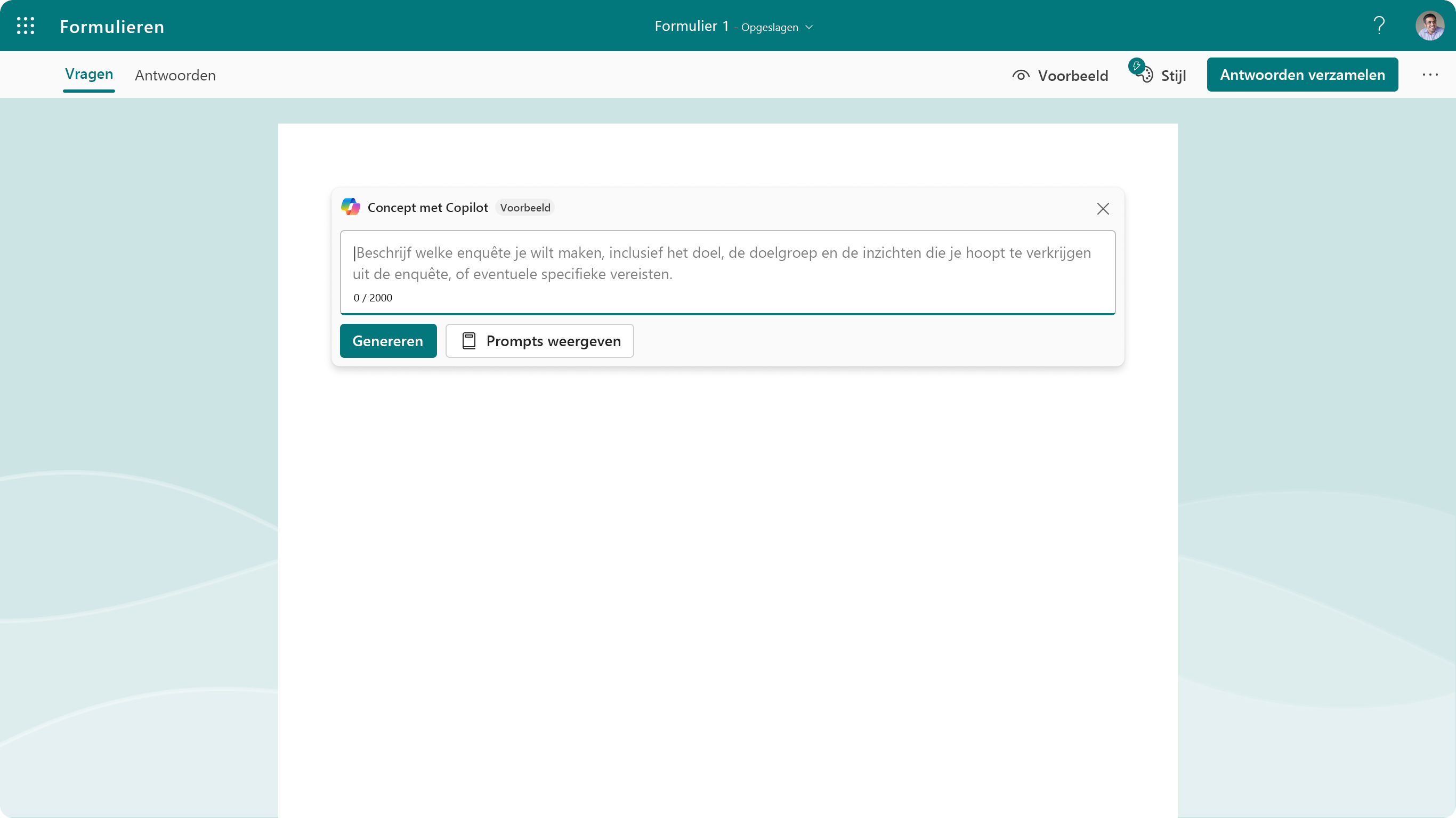Schermopname van het vak voor een concept met Copilot in Forms