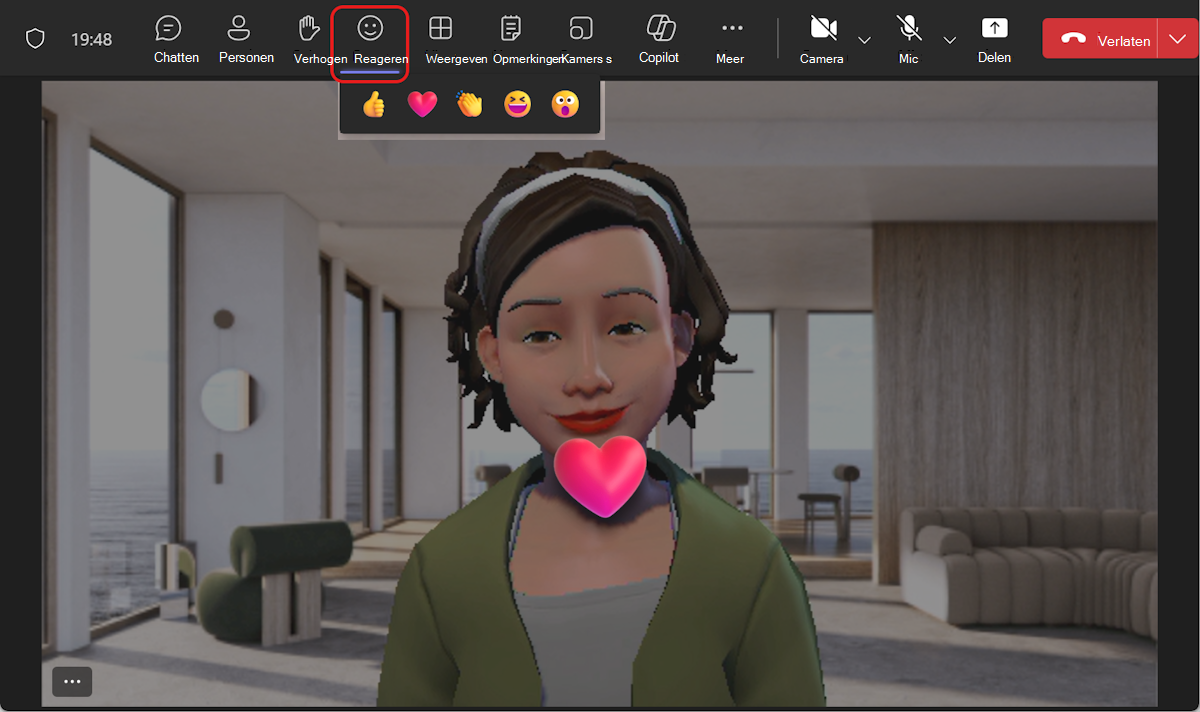 Avatars kunt rechtstreeks reageren vanuit het teams-vergaderingsmenu