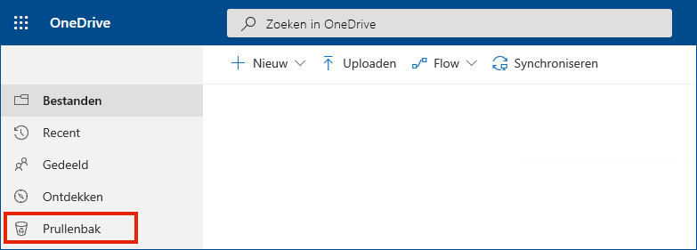 OneDrive voor bedrijven online met de Prullenbak in het linkermenu