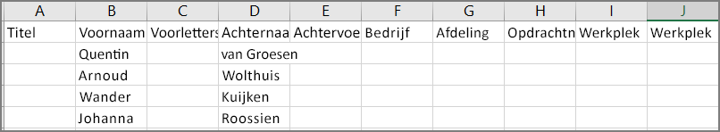 Een voorbeeld van hoe een CSV-bestand eruitziet na het exporteren van contactpersonen vanuit Outlook